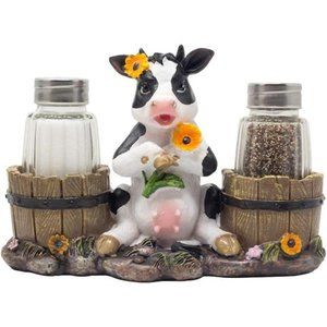 Decorative Holstein Cow Salt & Pepper Shaker Set with Old Fashioned Water Pails